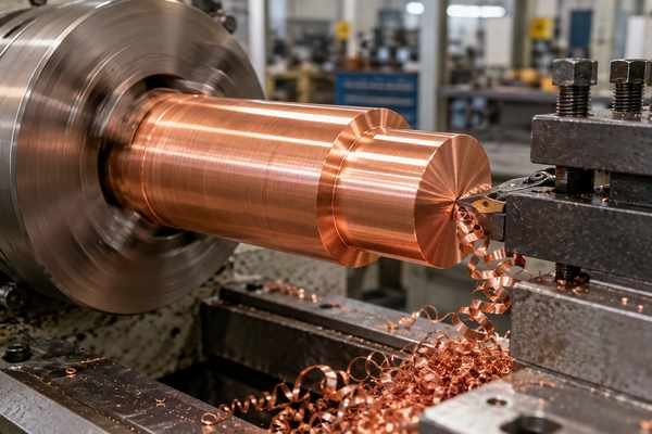 Usinagem de uma peça de cobre em torno mecânico