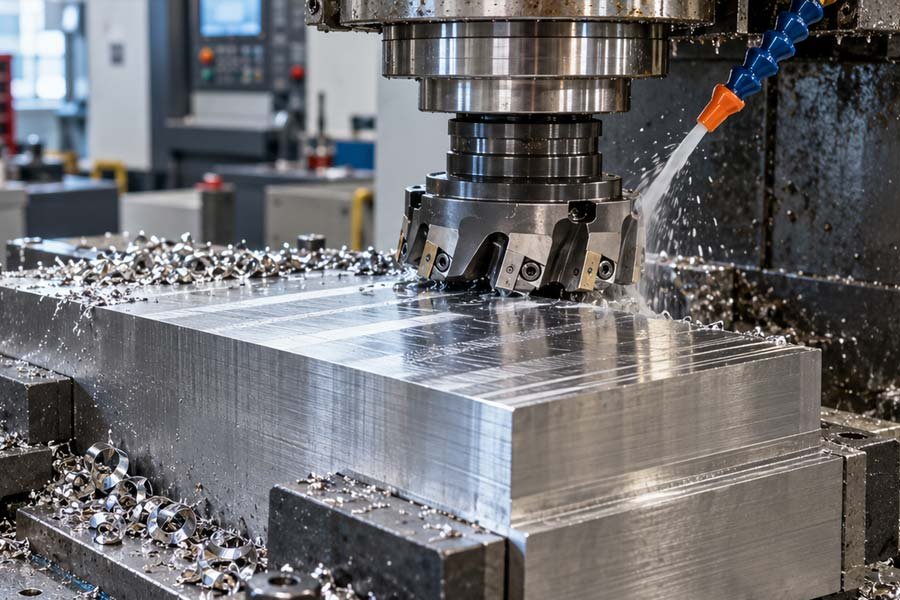 Detalhe de máquina de usinagem trabalhando peça metálica