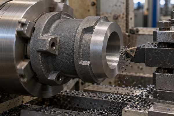 Usinagem de uma peça de ferro fundido em torno mecânico